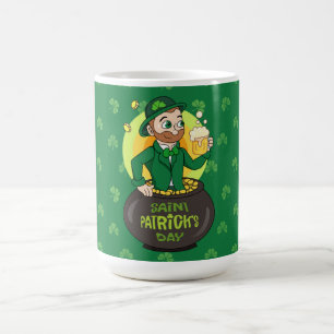 Cartoon leprechaun in einem Topf mit einem Pint Kaffeetasse