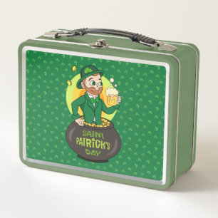Cartoon leprechaun in einem Topf mit einem Pint Metall Brotdose