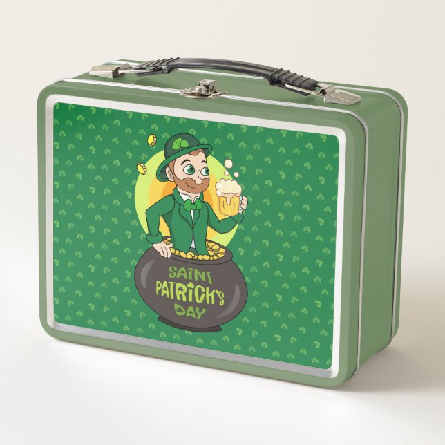 Cartoon leprechaun in einem Topf mit einem Pint Metall Brotdose (Vorderseite)
