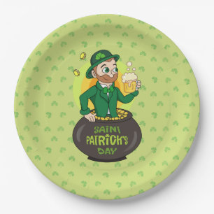 Cartoon leprechaun in einem Topf mit einem Pint Pappteller