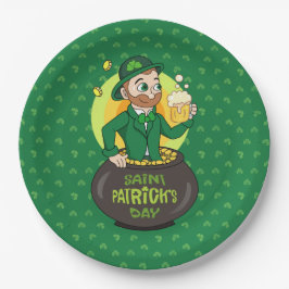 Cartoon leprechaun in einem Topf mit einem Pint Pappteller
