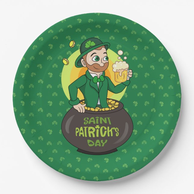 Cartoon leprechaun in einem Topf mit einem Pint Pappteller (Vorderseite)