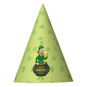 Cartoon leprechaun in einem Topf mit einem Pint Partyhütchen