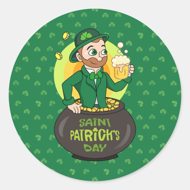 Cartoon leprechaun in einem Topf mit einem Pint Runder Aufkleber (Vorderseite)