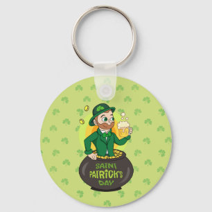 Cartoon leprechaun in einem Topf mit einem Pint Schlüsselanhänger
