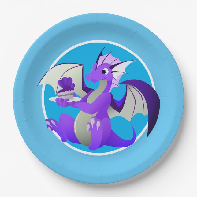 Cartoon Lila Dragon mit Cake Blue Paper Teller (Vorderseite)