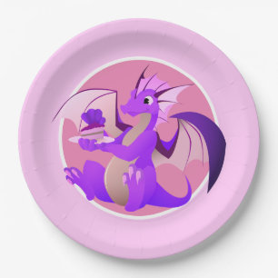 Cartoon Lila Dragon mit Cake Pink Paper Teller
