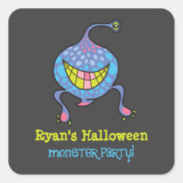 Cartoon Lila Monster Alien Halloween Kid's Party Quadratischer Aufkleber