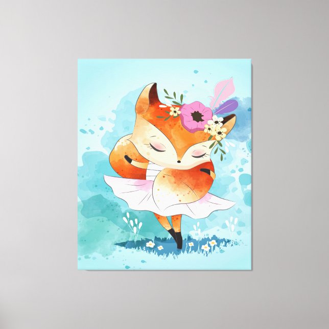 Cartoon Little Fox | Love Fox Floral Leinwanddruck (Vorderseite)