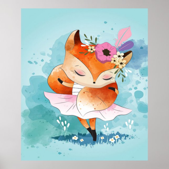 Cartoon Little Fox | Love Fox Floral Poster (Vorne)