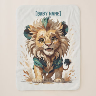 Cartoon Little Lion Beige Türkis Personalisiert Sherpadecke