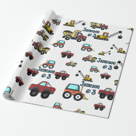 Cartoon LKW Kranname Geburtsdatum Geschenkpapier