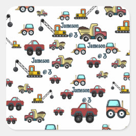 Cartoon LKW Kranname Geburtsdatum Quadratischer Aufkleber