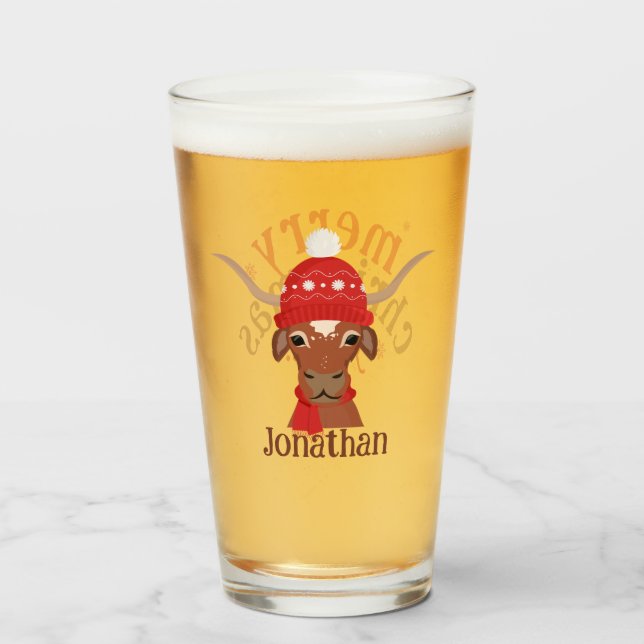 Cartoon Longhorn in Roter Skistütze und Karpfen Glas (Vorne (Gefüllt))