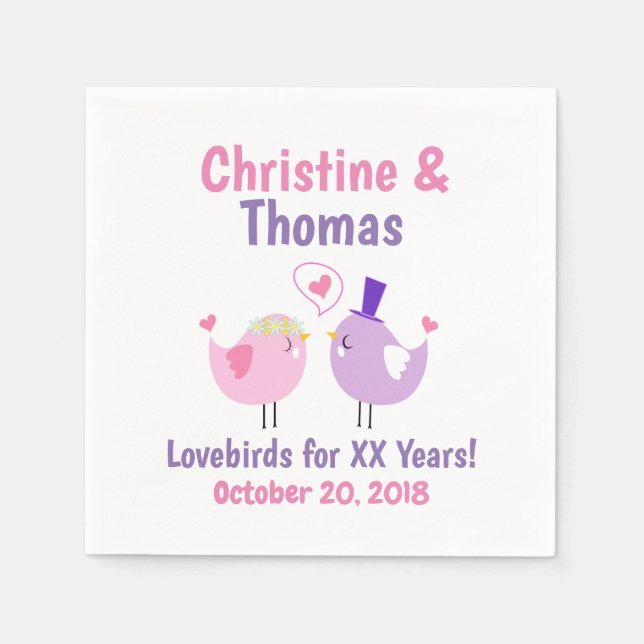 Cartoon Lovebirds Meilenstein Jahrestag Serviette (Vorderseite)