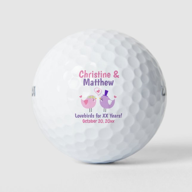 Cartoon Lovebirds Rosa und Lila Jubiläum Golfball (Vorderseite)