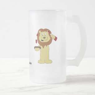 Cartoon Löwen mit Steak und Mattiertem Glas aus Sa Mattglas Bierglas