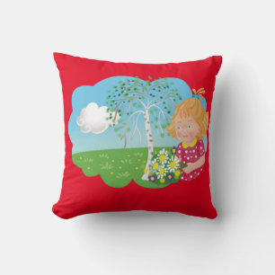 Cartoon lustiges Mädchen auf der Wiese und Blume Kissen