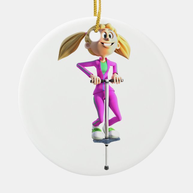Cartoon-Mädchen auf einem Pogo Stock Keramikornament (Vorne)