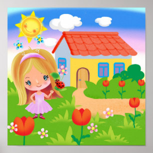 Cartoon Mädchen in einem Zaubergarten und Haus Poster