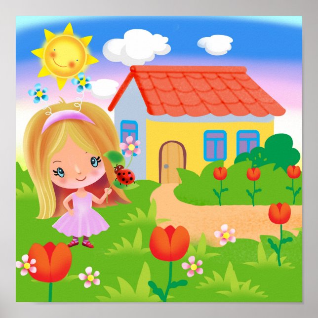 Cartoon Mädchen in einem Zaubergarten und Haus Poster (Vorne)