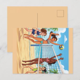 Cartoon Mädchen spielen Beachvolleyball Feiertagspostkarte