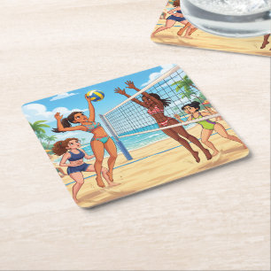 Cartoon Mädchen spielen Beachvolleyball Rechteckiger Pappuntersetzer