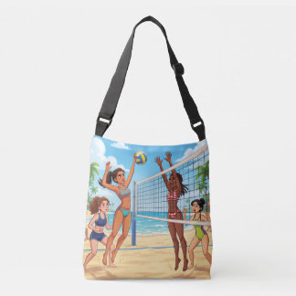 Cartoon Mädchen spielen Beachvolleyball Tragetaschen Mit Langen Trägern