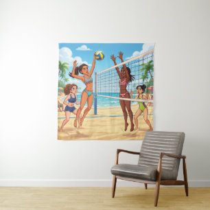 Cartoon Mädchen spielen Beachvolleyball Wandteppich