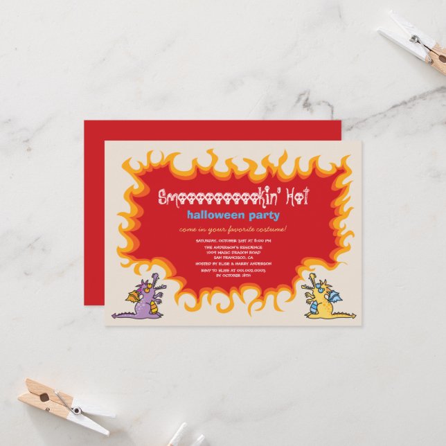 Cartoon Magic Dragons atmen Feuer Halloween-Party Einladung (Vorderseite/Rückseite Beispiel)