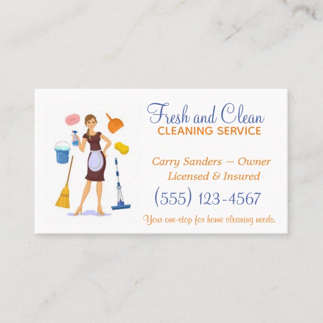 Cartoon Maid House Reinigungsservice Business Card Visitenkarte (Vorderseite)