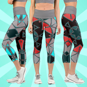 Cartoon Mandala Blau rot und schwarz Capri Leggings