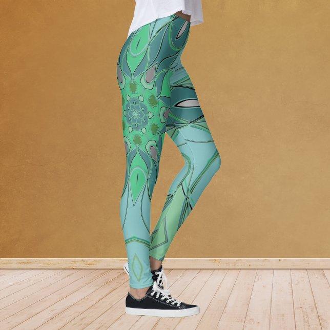 Cartoon Mandala Blume Blau und Grün Leggings (Von Creator hochgeladen)