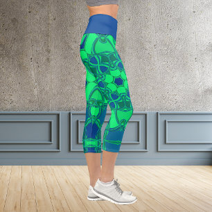 Cartoon Mandala Blume Grün und Blau Capri Leggings