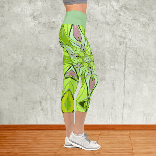 Cartoon Mandala Blume Grün und Rosa Capri Leggings