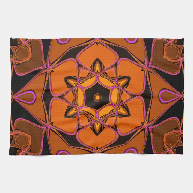 Cartoon Mandala Blume Orange Pink und Black Geschirrtuch (Horizontal)