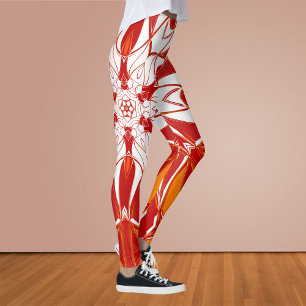Cartoon Mandala Blume Rot Orange und Weiß Leggings