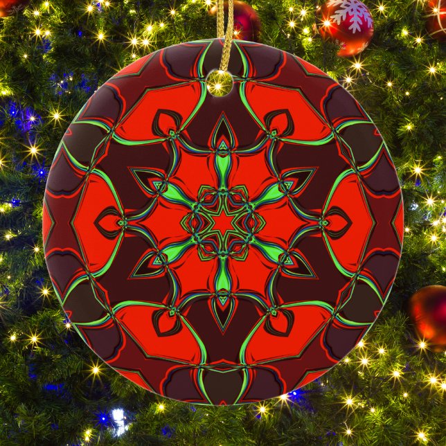 Cartoon Mandala Blume Rot und Aquamarin Keramik Ornament (Von Creator hochgeladen)