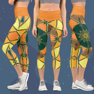 Cartoon Mandala Gelb- und Gelborange sowie Grün Capri Leggings