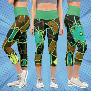 Cartoon Mandala Green Black und Yellow Capri Leggings