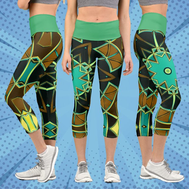 Cartoon Mandala Green Black und Yellow Capri Leggings (Von Creator hochgeladen)