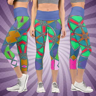 Cartoon Mandala Green Red und Blue Capri Leggings