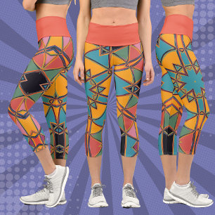 Cartoon Mandala Yellow Blue und Orange Capri Leggings