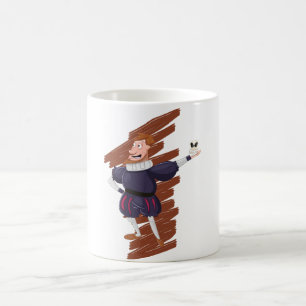 Cartoon-Mann, der Shakespeare-Spiel erzählt. Kaffeetasse