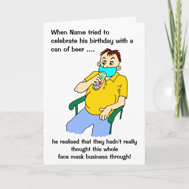 Cartoon Männliche Maske Bier kann Geburtstag Karte (Vorderseite)