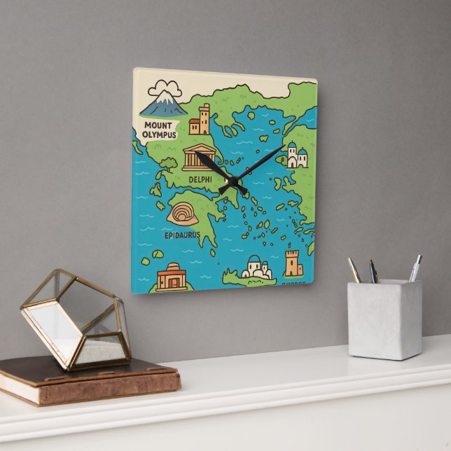 Cartoon Map of Greece – Illustrated Landmarks  Quadratische Wanduhr (Büro)