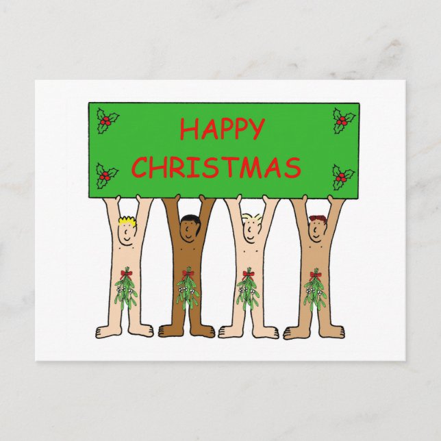 Cartoon Men Wearing Christmas Mistletoe Postkarte (Vorderseite)