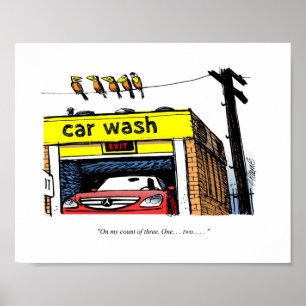 Cartoon-Mercedes-Auto-Wäsche-Vögel Poster