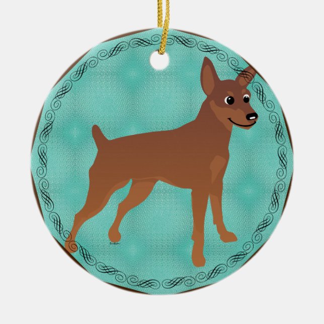 Cartoon Miniature Pinscher Red Cropped Docked Keramik Ornament (Vorne)