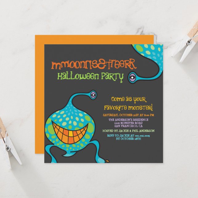Cartoon Monster Green Alien Kid's Halloween-Party Einladung (Vorderseite/Rückseite Beispiel)